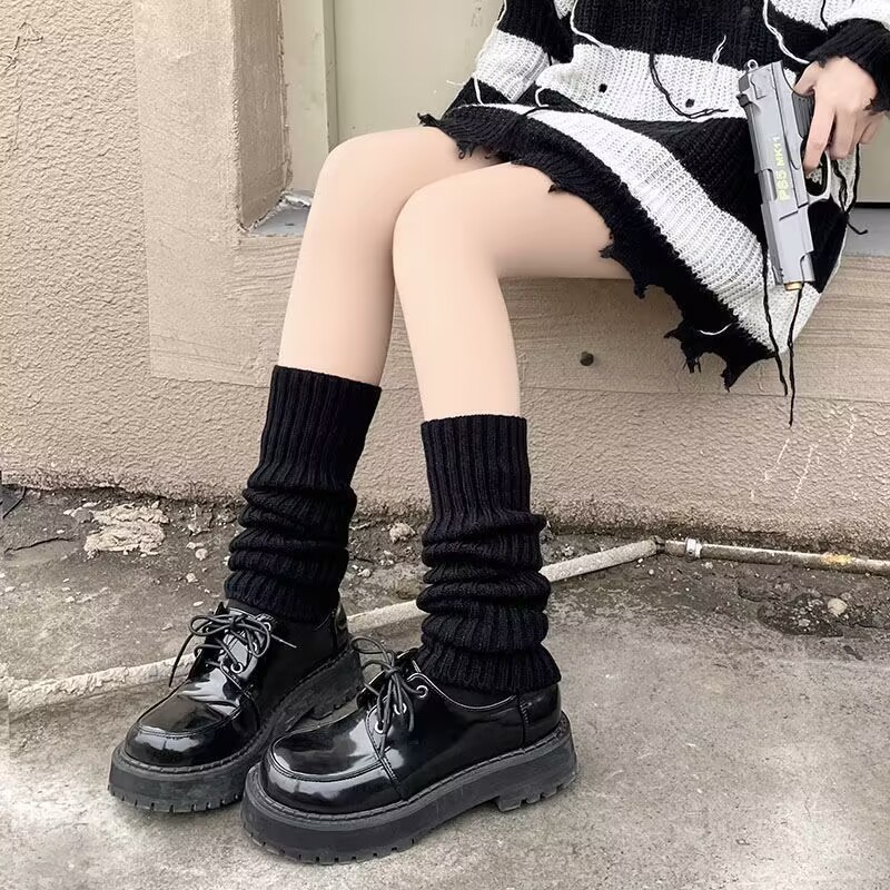 秋冬季日系宽松腿套少女堆堆袜百搭金属标袜套保暖针织袜套简约袜|undefined