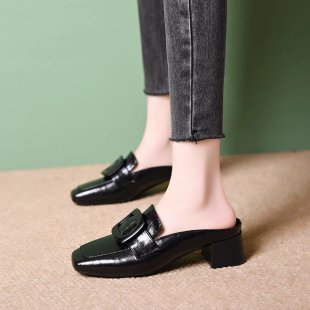 Mueller zapatos de mujer primavera nuevo cuadrado tacones gruesos zapatillas de medio temperamento retrógrado zapatos de cuero esmaltado zapatos de mujer image 7