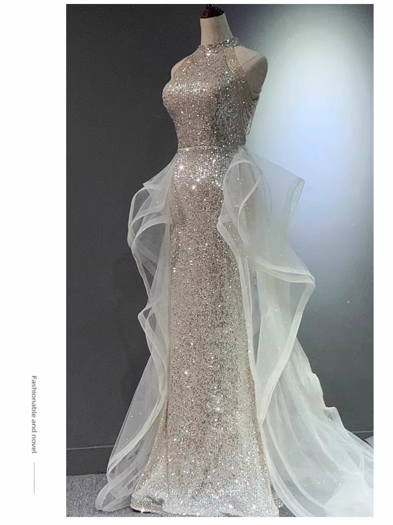Silver White Sequined Mermaid Evening Gown For Women New Style Understated Luxury Perfect For Engagement Parties And Special Occasions_ecoleips.com