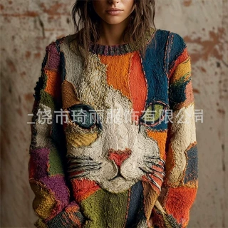 2026新款粗针布料3D数码印花女圆领卫衣外贸女POD女装套头猫咪