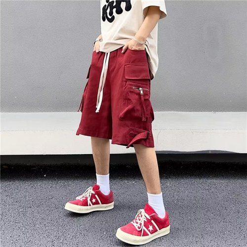 Japanese retro red cargo shorts men's summer fashion brand casual loose oversize pants sports five-point pants