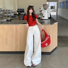 アメリカンスプリングホワイトルーズワイドレッグハイウエストジーンズレディースサマードレープフロアレングスワイドレッグスリムロングパンツ
