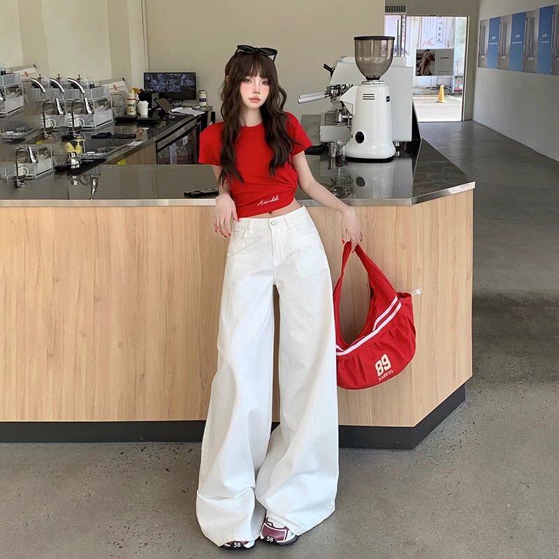 American Spring White Loose Wide-Leg High-Waisted Jeans for Women Summer Drapey Floor-Length Long Pants Wide-Leg Slimming
