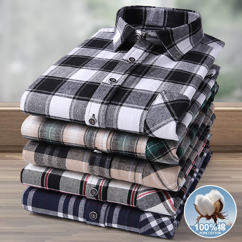 100% cotton long-sleeved shirt men's brushed plus size shirt middle-aged and elderly casual plaid cotton dad wear wholesale