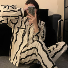 厂家批发情侣睡衣春秋长袖长裤跨境直销新款简约条纹家居服可外穿