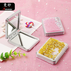 Fashionable influencer-style quicksand makeup mirror, mini mirror with a girly design, flip-style double-sided foldable portable small round mirror—wholesale available
