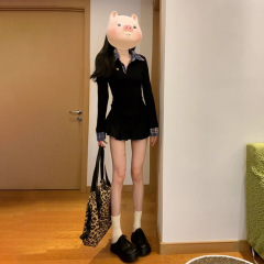 カレッジスタイルの黒のポロカラードレス女性用2025春の新しいスタイルの小さな人はショートスカートのフルセットを着用します