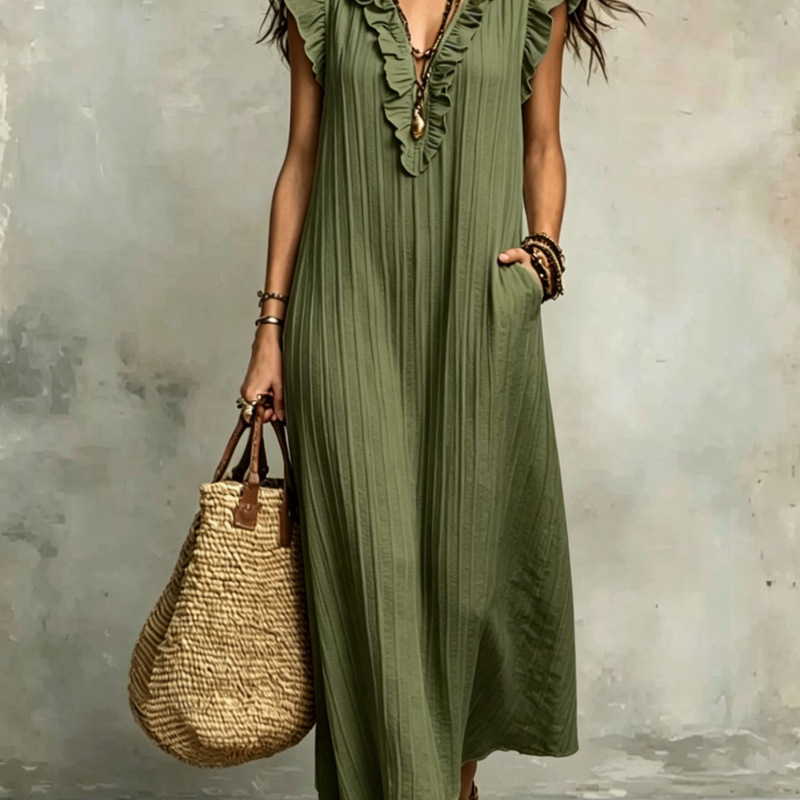 Cross-Border Women's Clothing Summer New Style Ruffled V-Neck Sleeveless Pleated Long Dress Bohemian Style Plus Size Dress in Stock Cross-Border Women's Clothing Summer New Style Ruffled V-Neck Sleeveless Pleated Long Dress Bohemian Style Plus Size Dress in Stock
