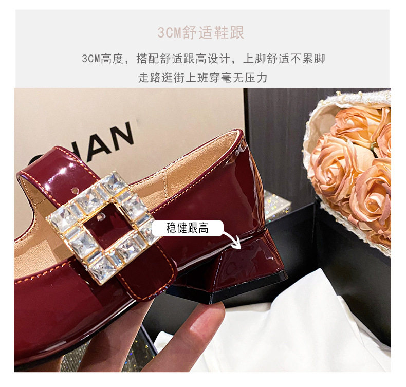 Giày Mary Jane nữ quai ngang đính đá gót thô 3–5 cm mũi vuông — Màu đen, Màu đỏ chi tiết 10