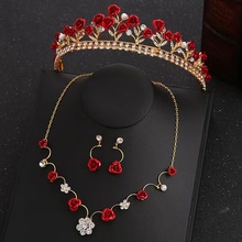 新娘红色中式皇冠三件套森系头饰喜庆花朵项链敬酒服结婚皇冠配饰
