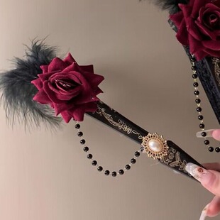 Feather Rose Folding Fan Black White European Retro Embossed Fan