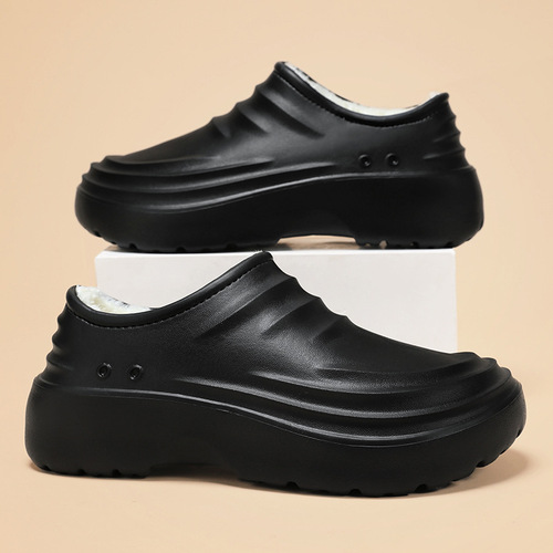 Men's Autumn/Winter New Anti-Slip Waterproof Fleece-Lined Warm Chef Shoes with Toe Cover, Cotton Slippers for Men