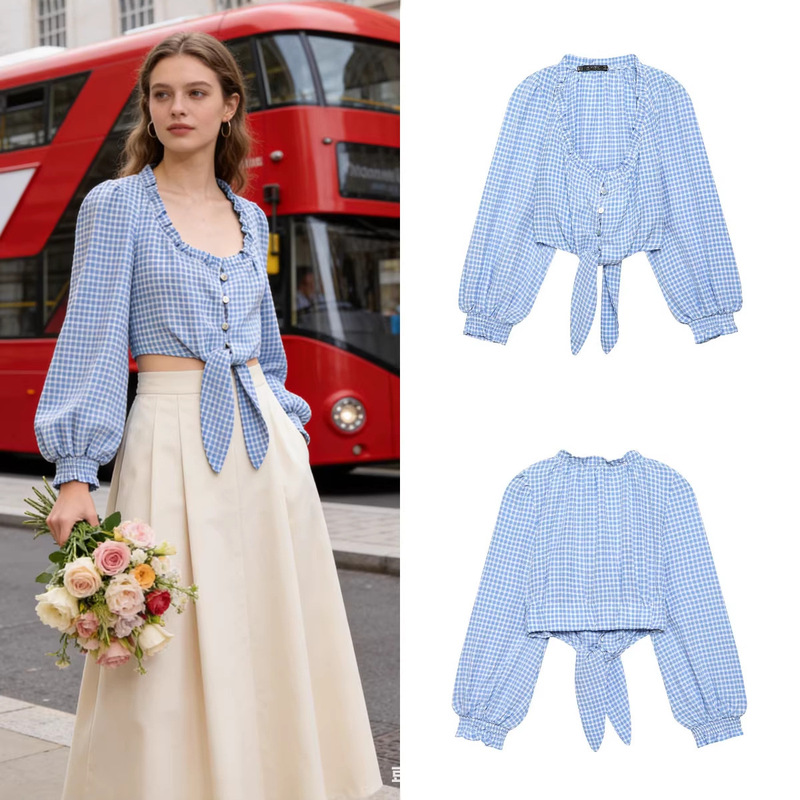 Z Brand Foreign Trade Cross-Border In-Stock European and American Style Women's Clothing 2026 Spring New Fashion Blue Plaid Short Top Shirt Z Brand Foreign Trade Cross-Border In-Stock European and American Style Women's Clothing 2026 Spring New Fashion Blue Plaid Short Top Shirt