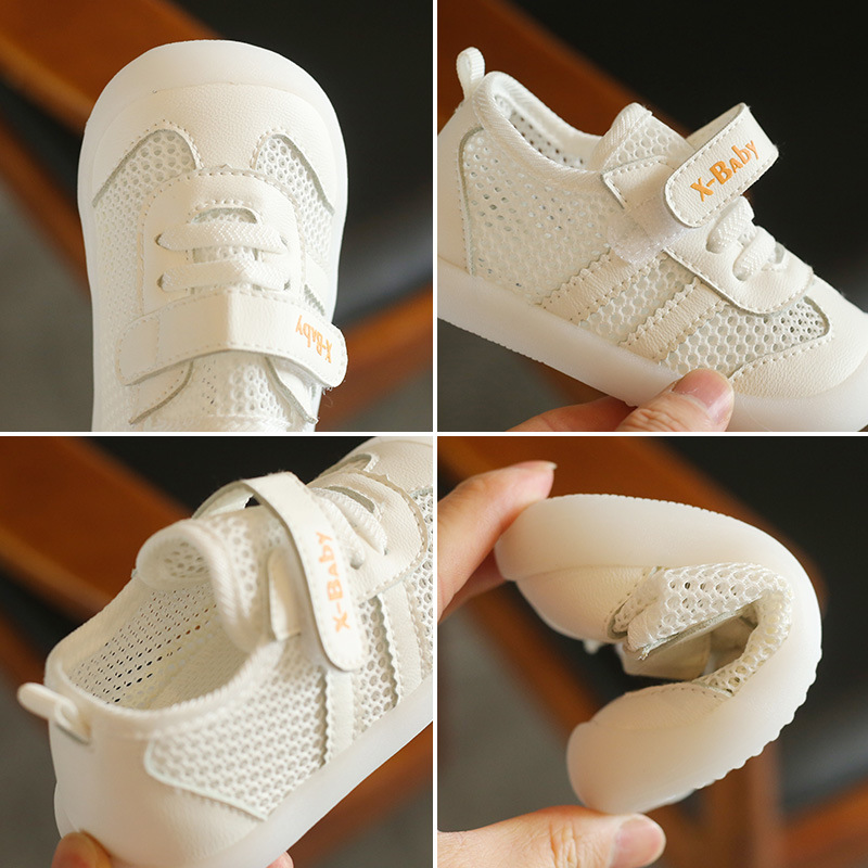 2024 primavera y verano nuevos niños y niñas zapatos de malla transpirable de color sólido a rayas bebé inferior suave Niño Zapatos de bebé generación pelo