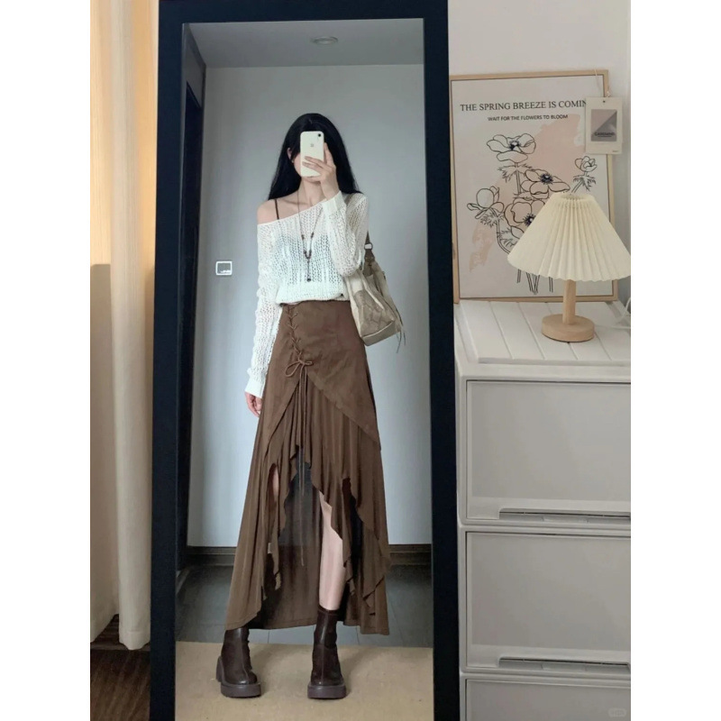 Maillard Suit Irregular Suspender Dress Pure Desire Mid-Length Skirt Layered Long-Sleeved Sweater Spring and Autumn Two-Piece Set