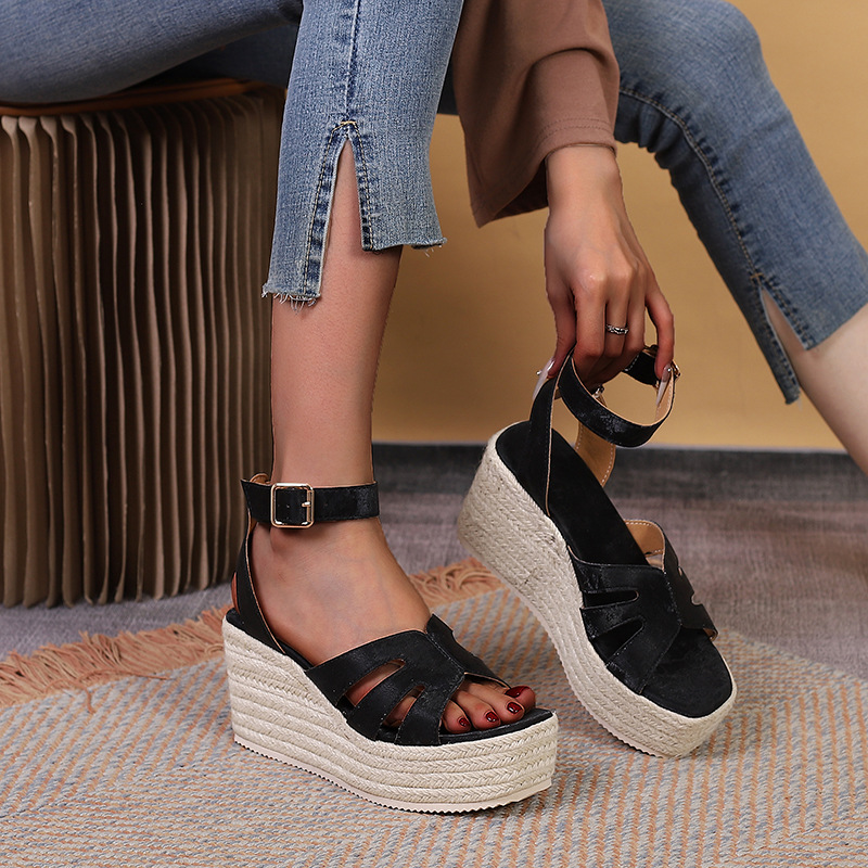 summer straw sandals wedge heel platform heels open toe