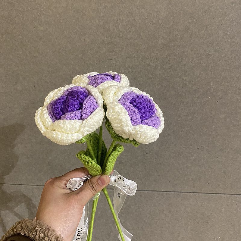 完成した手織りバラ、スズラン、ヒマワリ、造花、ウールニットブーケ、花飾り、ギフト|undefined