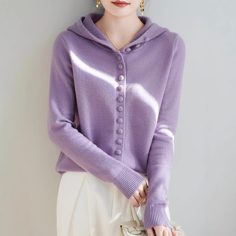 25 Years Worsted Wool Knitted Cardigan Women's Solid Color Loose Elegant Casual Simple All-match Base Buckle Hoodie
