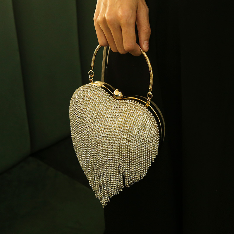 Corazón de melocotón transfronterizo Bolso de mujer borla de diamantes bolsa de amor fiesta Bolsa De noche Portátil Bolsa de mensajero de cadena entrega de una pieza