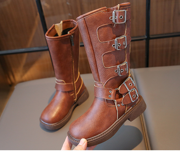 Bottes Martin montantes en cuir noires à fermeture éclair latérale pour filles et garçons de taille moyenne et grande, nouvelle collection automne 2024_voghion.com