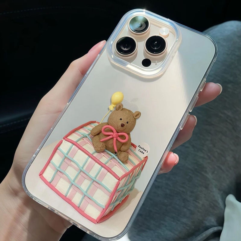 ギフト用の小さなクマのiPhoneケース、17pro、16promax、15、漫画風透明アクリルハードケース、13対応、かわいい|undefined