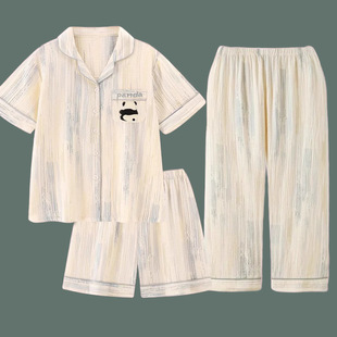 2024 New Couple Pajamas Women's Summer Cotton Short-sleeved Three-piece Suit Japanese Panda Men's Home Clothes Summer