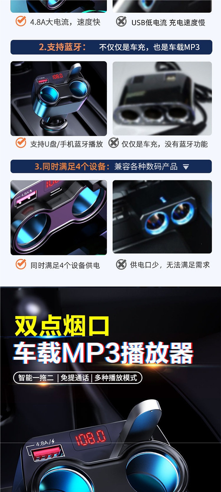 Car charger Bluetooth MP3 player multifunctional dual-port USB fast charging car cigarette lighter adapter