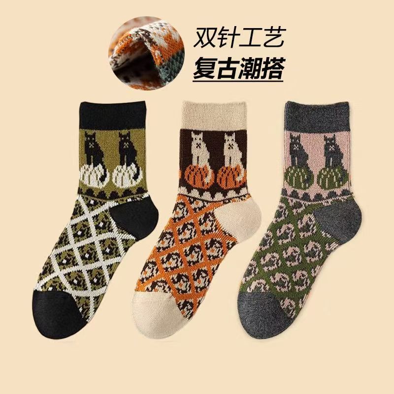 中筒袜复古袜子女可爱猫咪春秋款双针双路条纹棉民族风搭配皮鞋穿|undefined