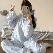 温柔风少女甜美可爱蓝色波点睡衣女春秋新款舒适长袖长裤可外穿