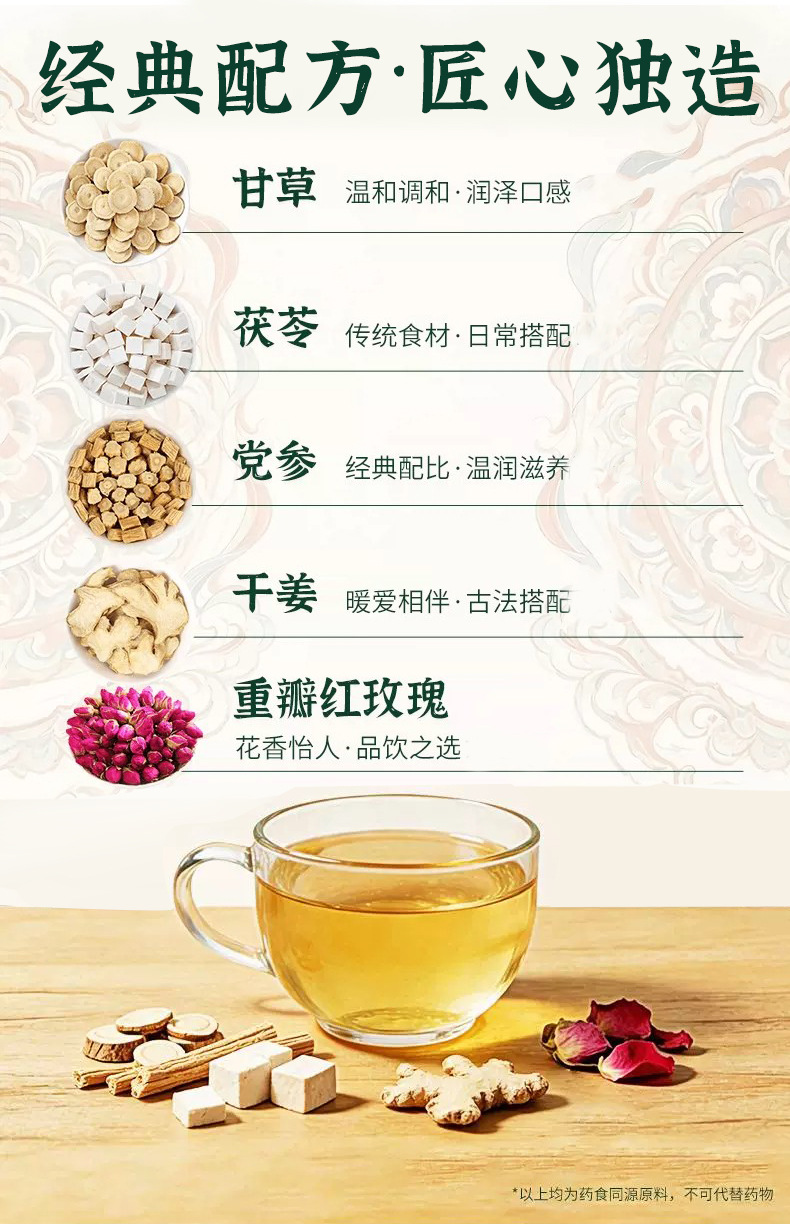 Rose Huang Ya Tang Herbal Tea Blend Licorice Codonopsis Poria Dried Ginger Tea Bags 100g overview