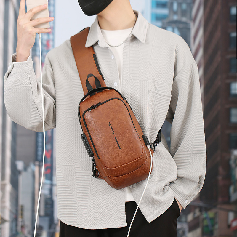 Bolsos de hombre, bolsos de hombro PU, mochila deportiva multifuncional, mochila de pecho impermeable, carga USB, bolso de pecho antirrobo