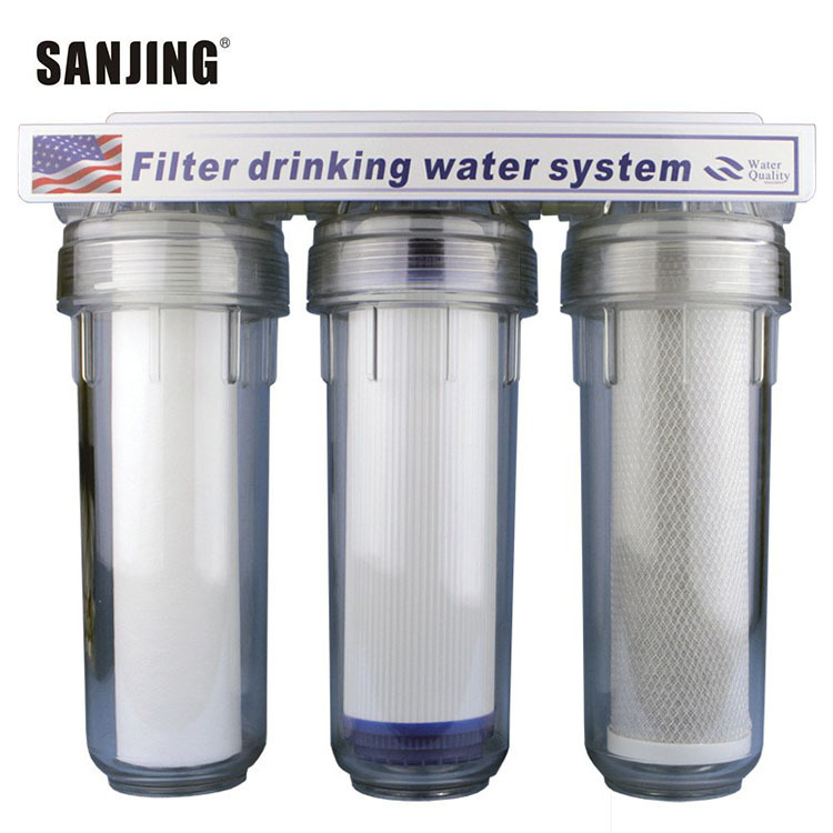 Purificador de agua de tubería de tres niveles Purificador de agua frontal a prueba de explosiones transparente para mascotas Filtro de protección de electrodomésticos de agua de 10 pulgadas al por mayor