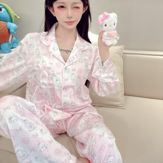 2025 Spring and Autumn New Cartoon Girl Cute Trojan Kt Lace Pajamas Women's Long Sleeves and Trousers Home Clothes Two-Piece Set