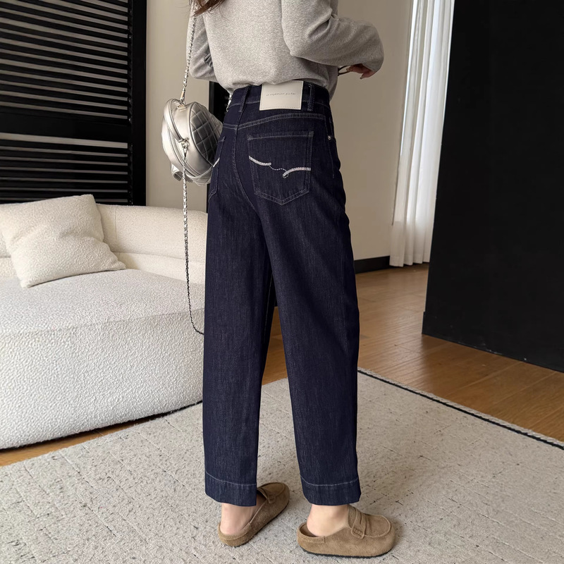 Straight-Leg Jeans with a Great Fit~ Deep Blue Stretch Straight-Leg Jeans for Women, High-Waisted, Loose-Fitting, Cropped Cigarette Pants for Petite Figures