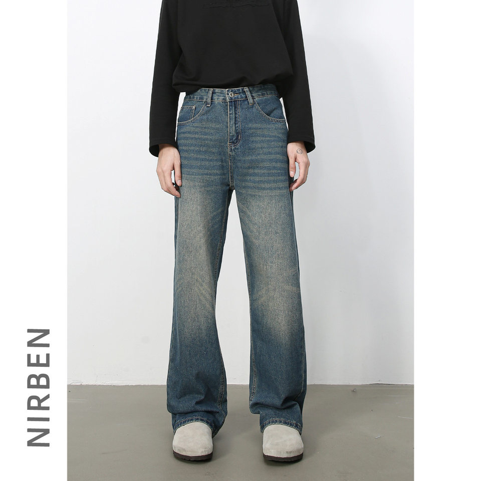 Quần jean nam ống rộng suông thẳng phong cách Mỹ, denim wash đơn giản — màu xanh, màu xanh nhạt