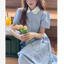 韩系甜美奶乖娃娃领条纹衬衫套装夏季减龄蓝色半身裙两件套小个子