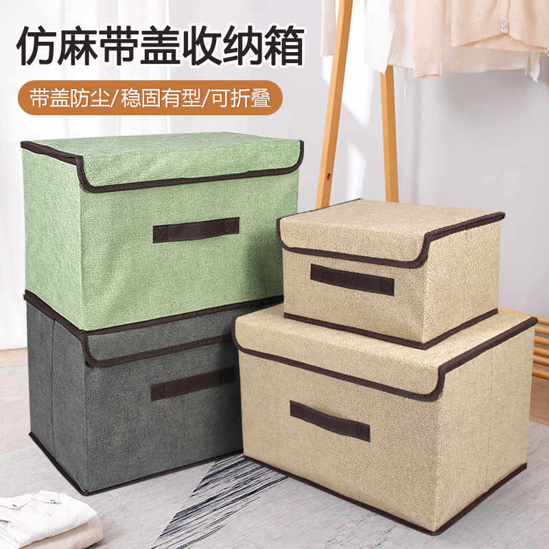 Juego de cajas de almacenamiento de tela no tejida imitación lino, cajas de almacenamiento impresas en varios tamaños, cajas de almacenamiento de tela plegables portátiles al por mayor.