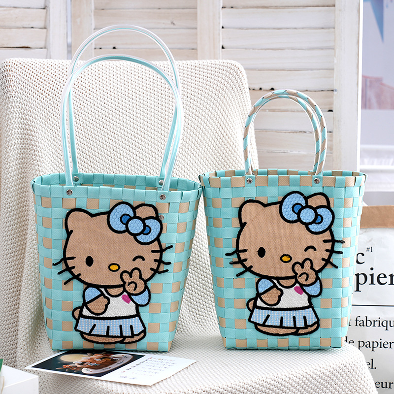 塑料编织包夏威夷kitty猫度假休闲编织包 可爱卡通刺绣女包手提包
