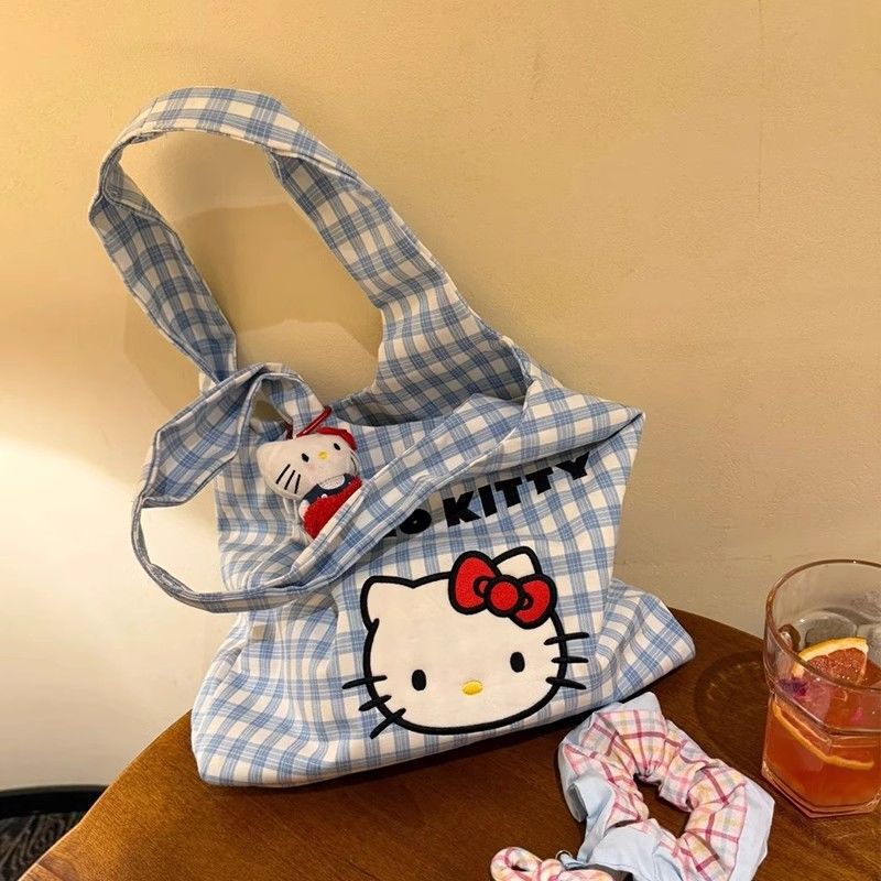新しいかわいいスタイルのキティキャンバスバッグポータブルショルダークロスボディバッグ夏の通勤大容量新しいショルダーバッグ|undefined