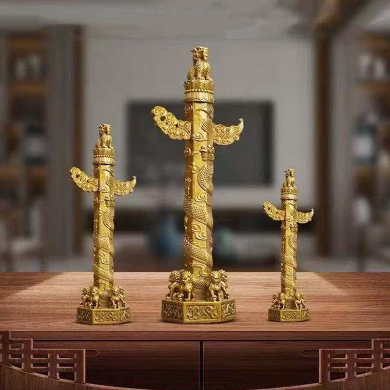 纯黄铜华表摆件流云龙柱家居玄关客厅办公室桌面中式工艺装饰品
