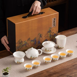 羊脂玉瓷功夫茶具套装家用办公室轻奢高档商务礼品送长辈可定logo