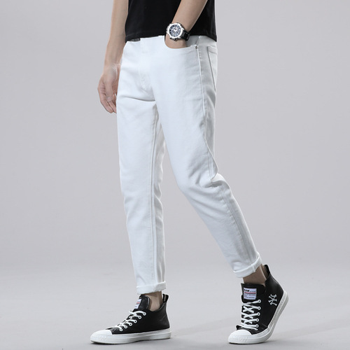 Pure white high-end jeans men's elastic slim fit men's nine-point pants fashion brand versatile physical store good supply