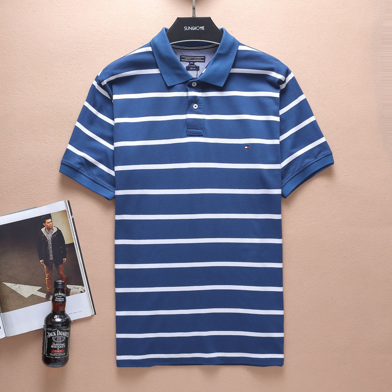 貿易夏 TOMMY トミーストライプ半袖ポロシャツメンズピュアコットンメンズラペル半袖 Tシャツカジュアル|undefined