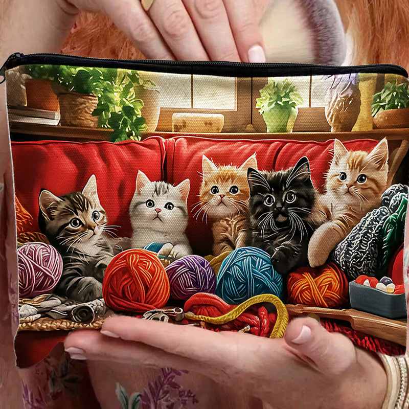 Cross-Border Cute Cat Print Women's Thick Rope Beach Bag Travel Storage Large Capacity Zipper Canvas Bag