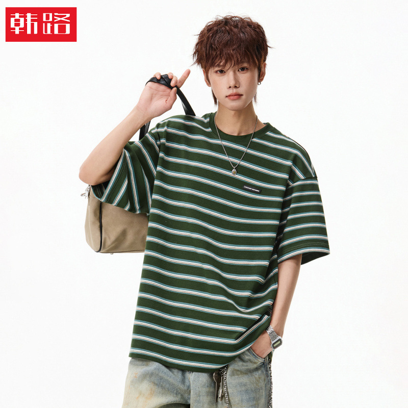 American Retro Contrast Color Striped Short-Sleeved T-Shirt for Men, New Summer Style, Casual and Versatile, Loose-Fitting Half-Sleeved T-Shirt for Couples Q American Retro Contrast Color Striped Short-Sleeved T-Shirt for Men, New Summer Style, Casual and Versatile, Loose-Fitting Half-Sleeved T-Shirt for Couples Q