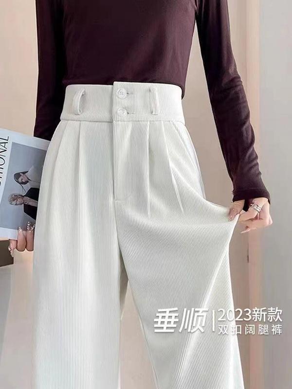 窄版雪尼尔阔腿裤女秋冬季小个子高腰垂感双扣休闲直筒灯芯绒裤子|undefined