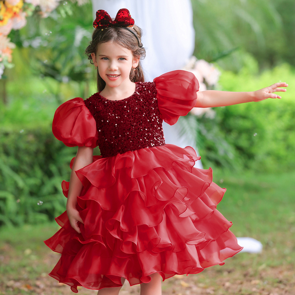 thumbnail image 2 of Vestido de princesa con mangas abullonadas y lentejuelas para niños, vestido de boda, pasarela, disfraz de presentadora, 2 of 6