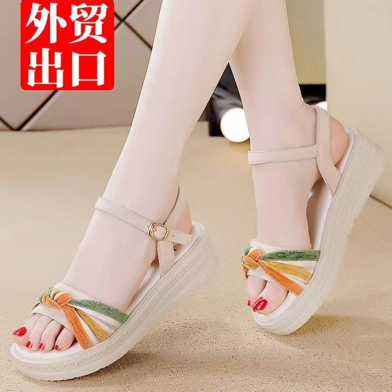 Zapatos de mujer de plataforma de comercio exterior sandalias a juego de colores para mujer 2025 verano nuevo estilo coreano trenzado bowknot hebilla sandalias para mujer