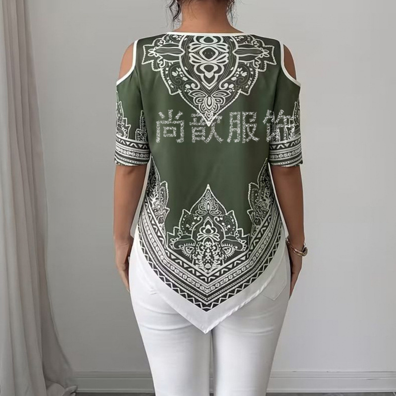 2026 European and American Cross-Border Trade Color-Blocked Cold-Shoulder T-Shirt with Regular Length and Cut-Out Details