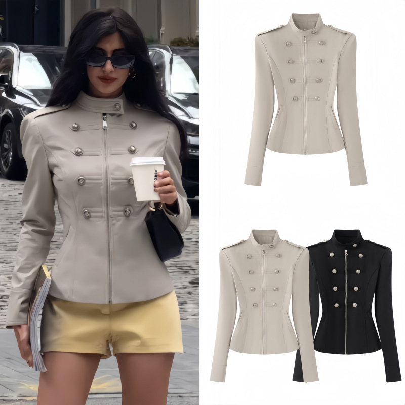 Pb&Za Fashion Women's Clothing, Elegant Retro Metal Double-Breasted Waist-Cinching Napoleon Jacket, Early Autumn Thin Style